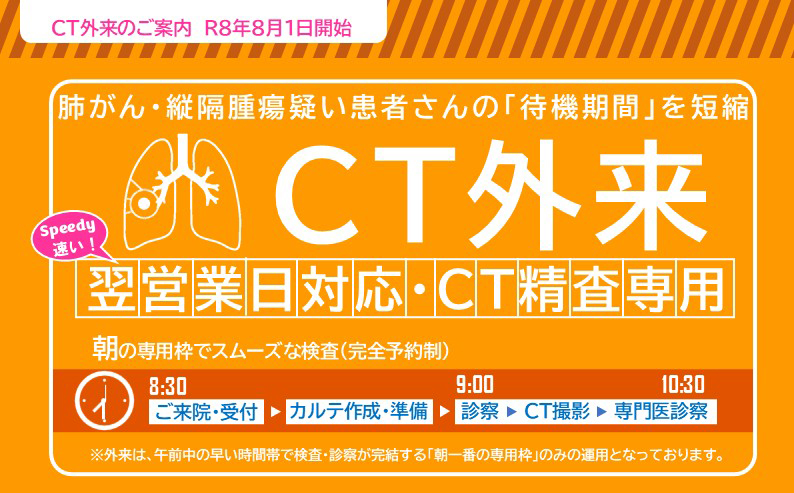 CT外来、肺がん・縦隔腫瘍疑い患者さんの「待機期間」を短縮。翌営業日対応・CT精査専用